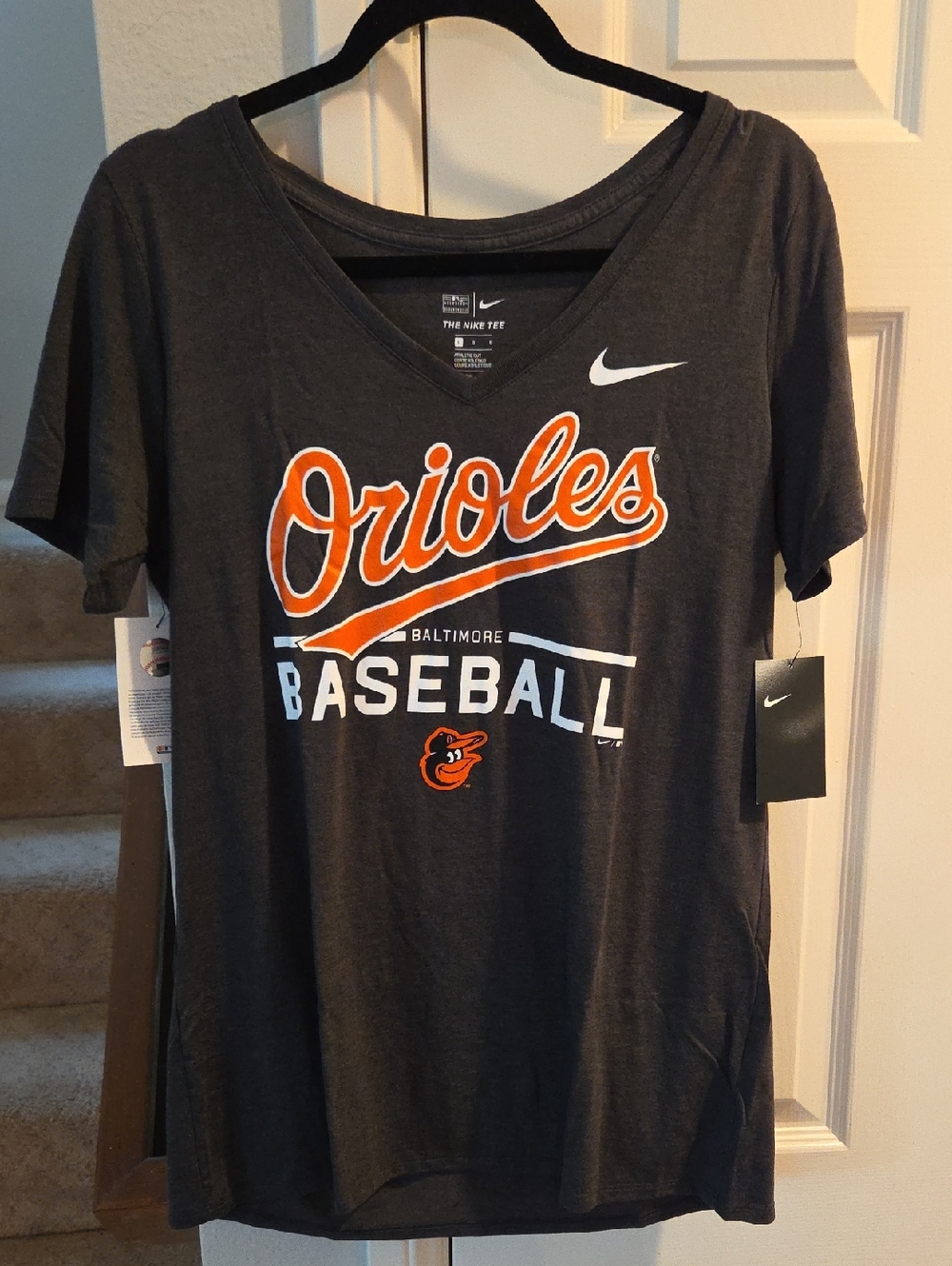 New Nike Baltimore Orioles Baseball V NeckTee -Charcoal with Orange & White Logo